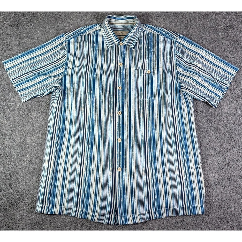 Tommy Bahama Shirt Mens Medium Blue Striped Island Zone Lightweight Silk Blend